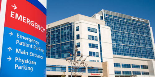 Hospital entrance and patient parking signs
